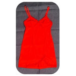 Vintage Retro Mid Century Red Lace Trimmed Mini Slip Dress w Coned Bust  Sz S
